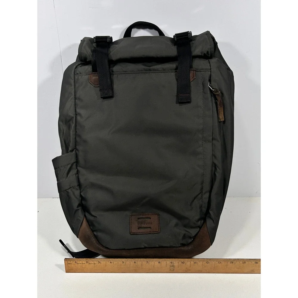 Timbuk2 Roll Top Backpack Olive Green Nylon Brown Leather Trim Laptop Sleeve